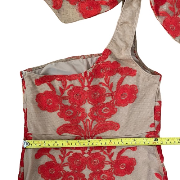 For love & Lemons Temecula Red Tan One Shoulder Mini Dress Embroidered Mesh XS - Picture 8 of 12